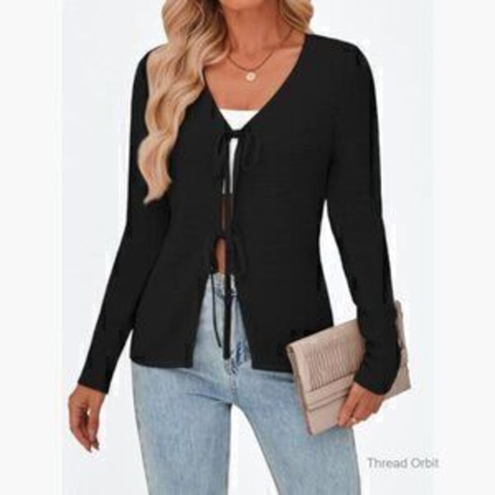 Large Crochet Cardigan Sweater, Tie Front, Acrylic Cotton Blend, Casual Outfit - Picture 3 of 3